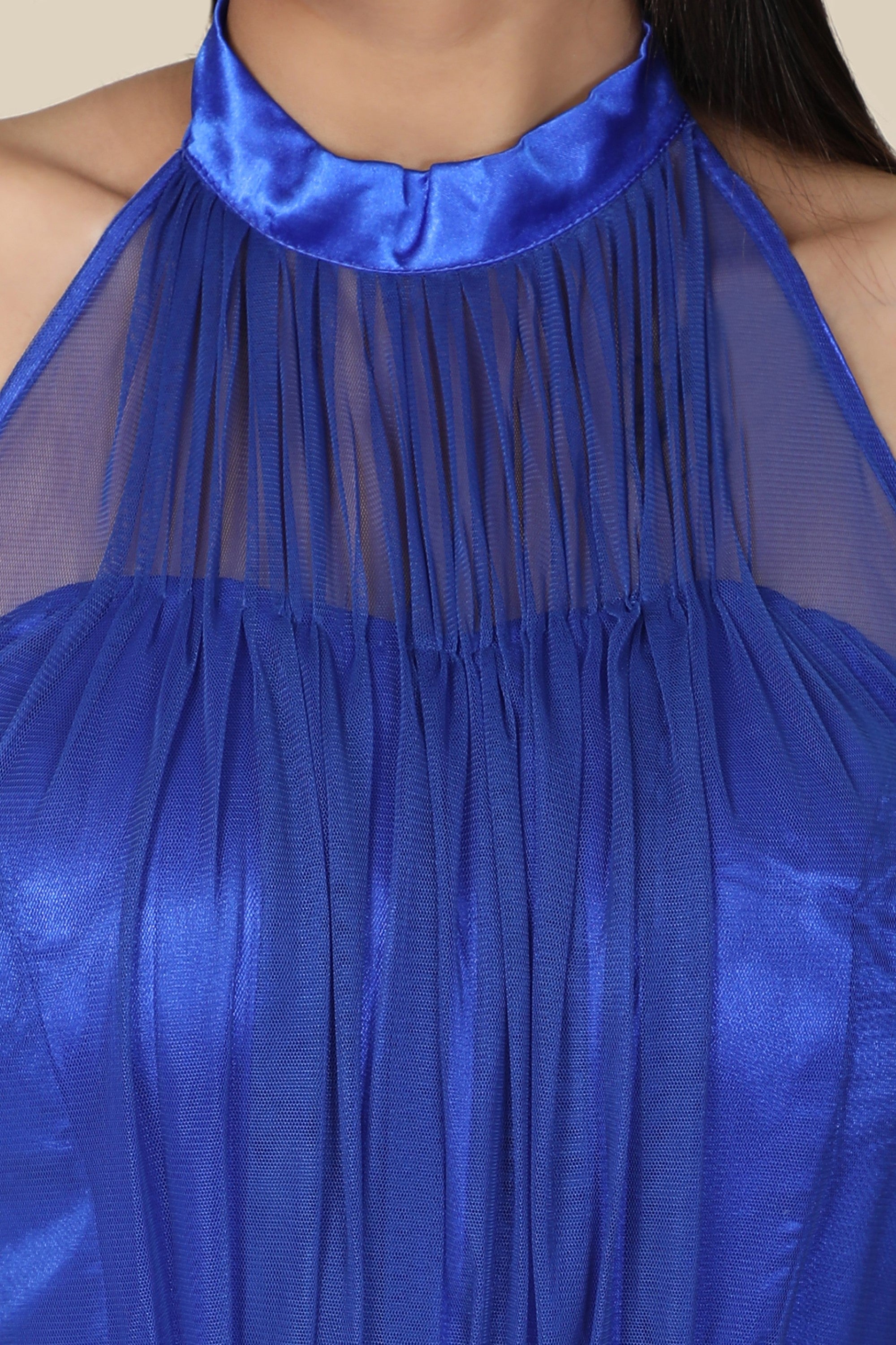 Women's Halter Neck Drape Net  Corset Gown In Dark Blue - MIRACOLOS by Ruchi