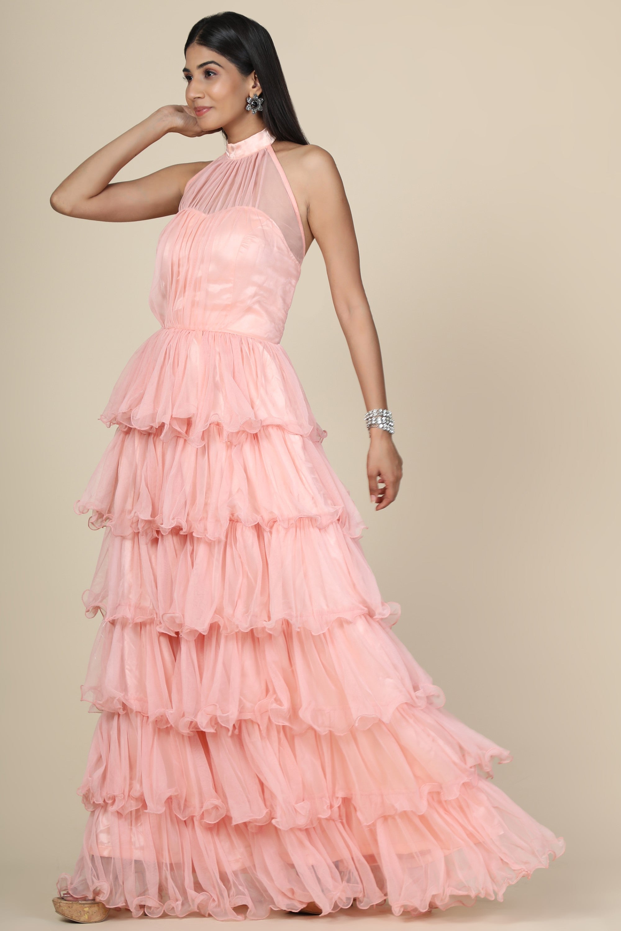 Women's Halter Neck Drape Net  Corset Gown In Baby Pink - MIRACOLOS by Ruchi