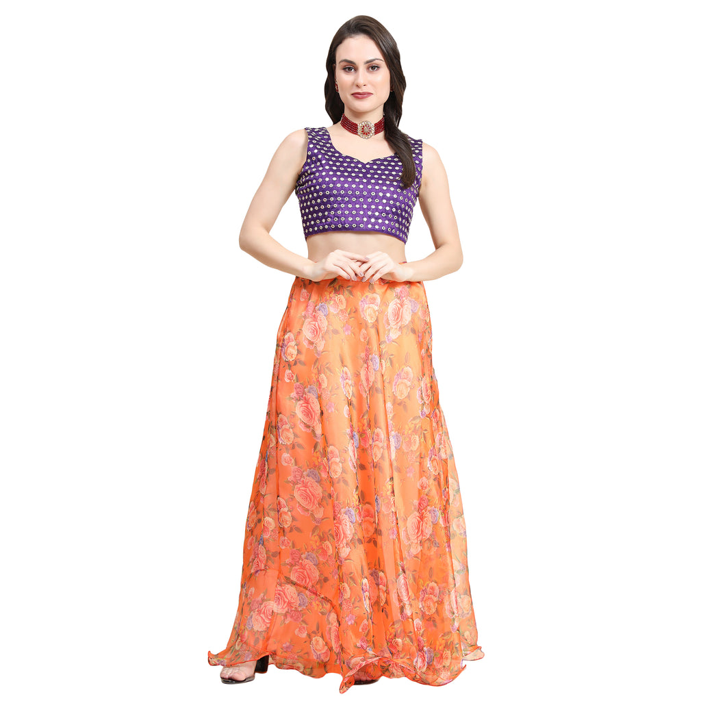 Women's Orange color Semi-Stitched  Lehenga Choli with Dupatta