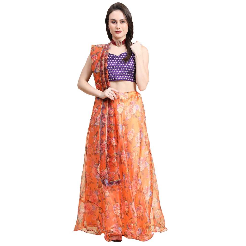 Women's Orange color Semi-Stitched  Lehenga Choli with Dupatta