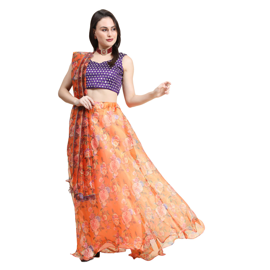 Women's Orange color Semi-Stitched  Lehenga Choli with Dupatta