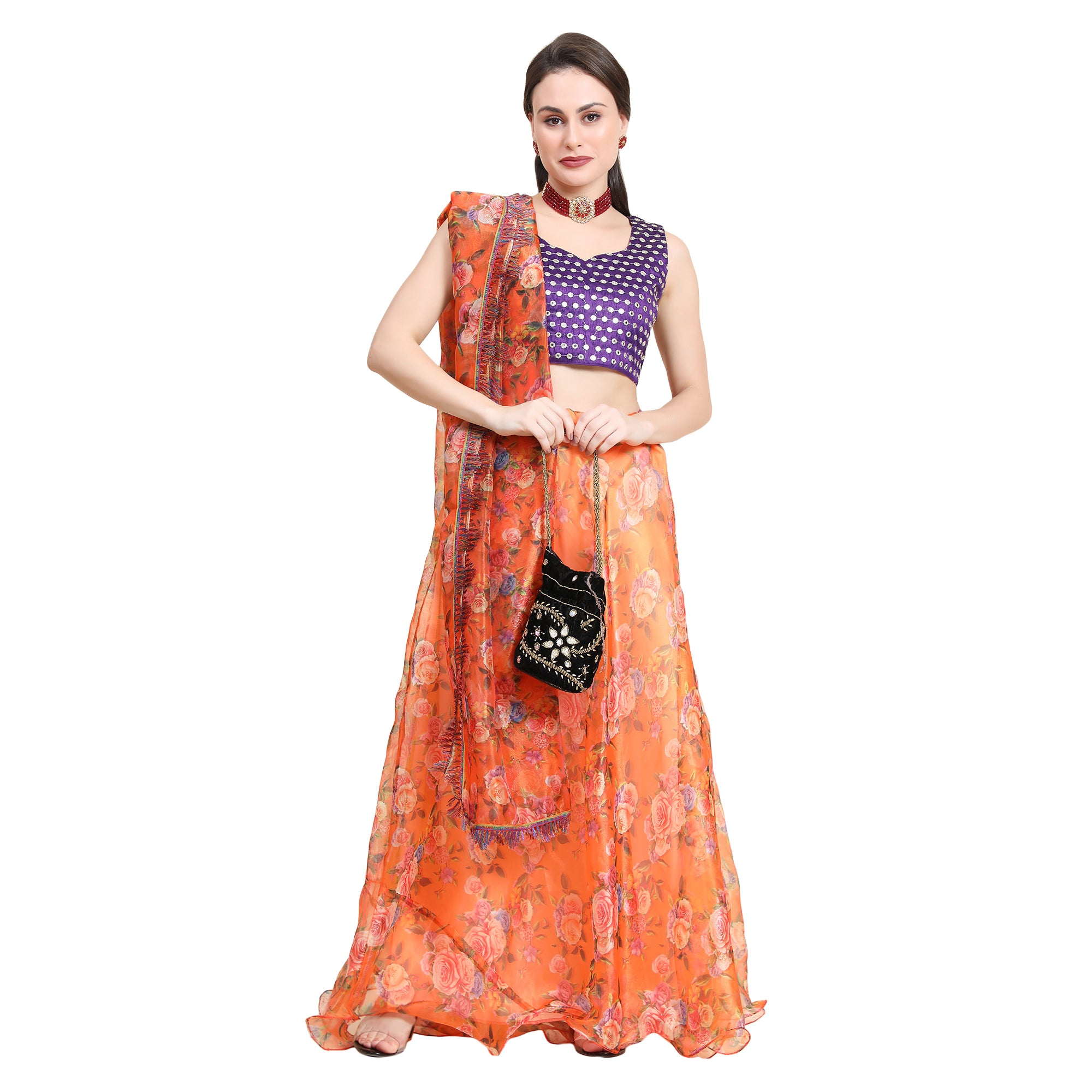Women's Orange color Semi-Stitched  Lehenga Choli with Dupatta - Embro Vision