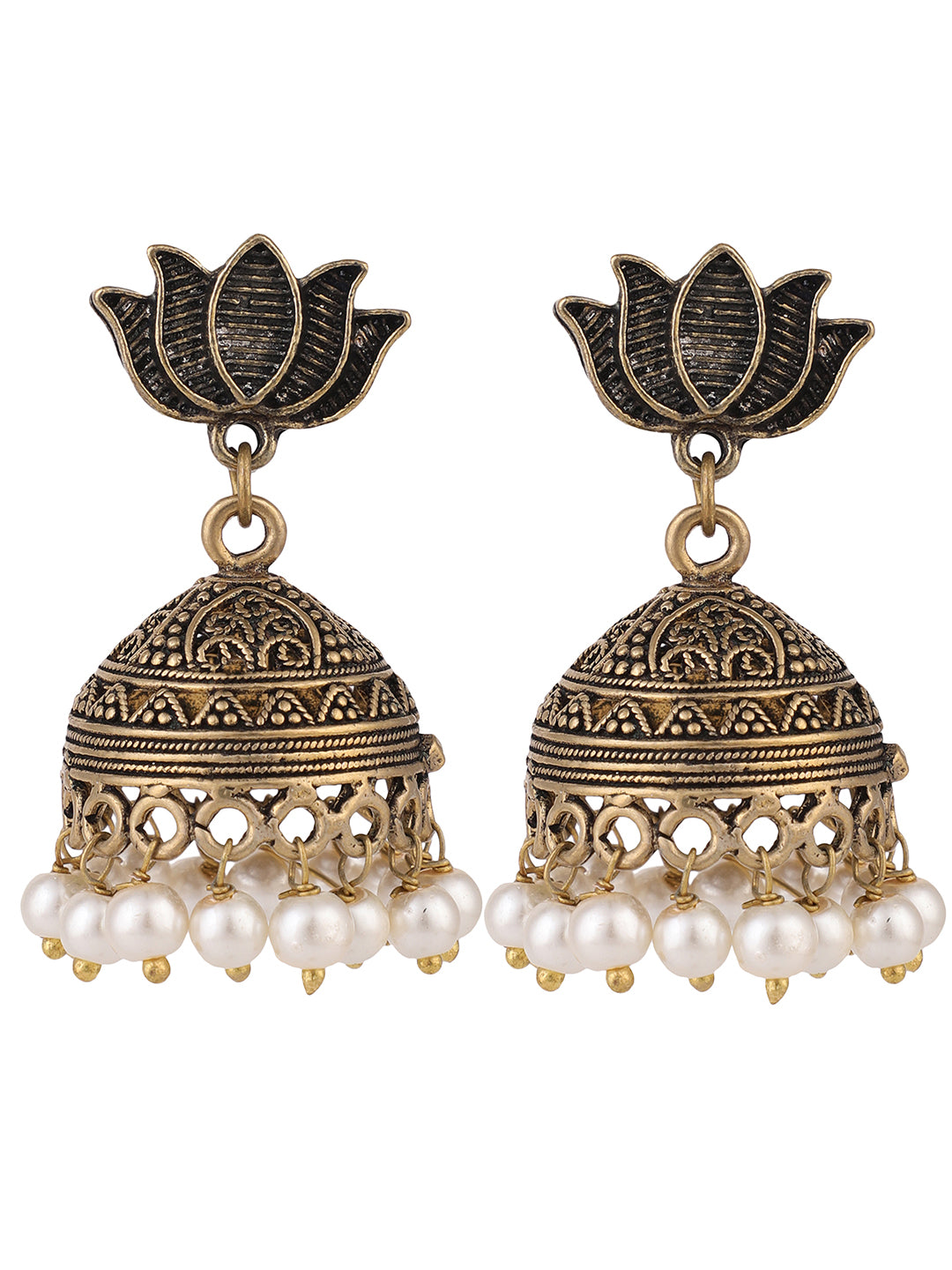 Women's Golden Oxidided Lotus Shape Pearl Jhumka Earring  - Anikas Creation
