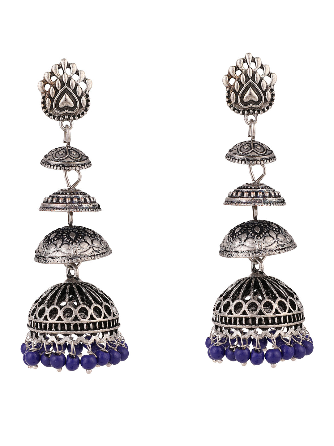 Women's Designer Silver Tone Oxidised Blue Bead Jhumka Earring - Anikas Creation
