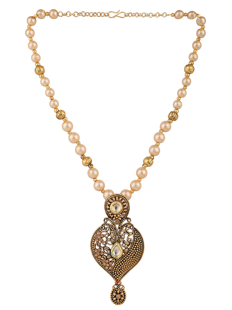 Women's Antique Gold Plated Traditional Pendant Set With Pearl String