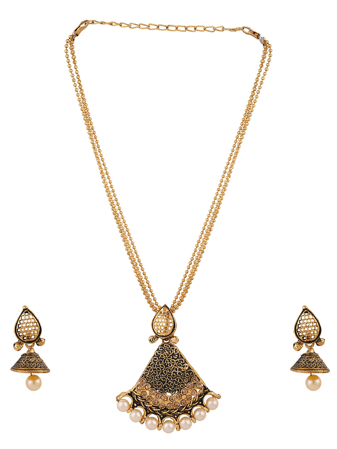 Women's Antique Gold Plated Traditional Pendant Set With Pearl String  - Anikas Creation