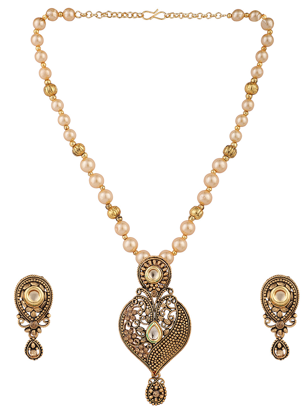 Women's Antique Gold Plated Traditional Pendant Set With Pearl String  - Anikas Creation