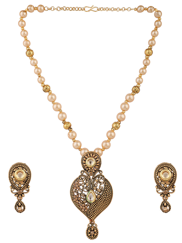 Women's Antique Gold Plated Traditional Pendant Set With Pearl String