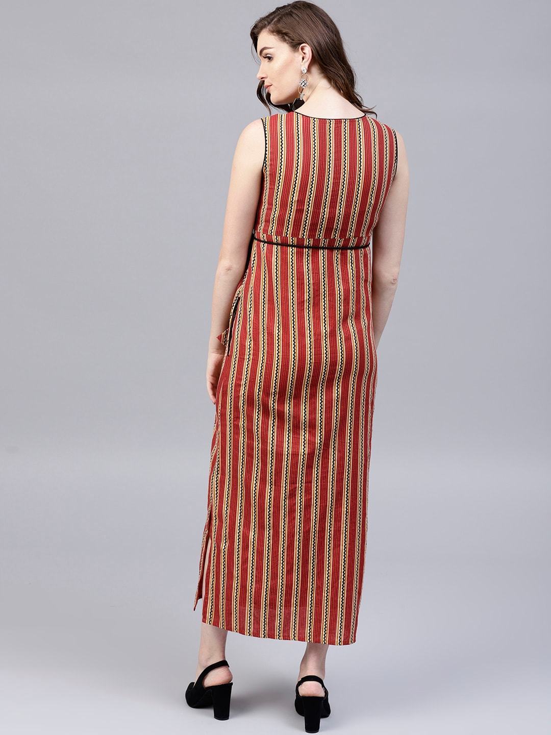 Women's  Rust Red & Beige Striped Empire Dress - AKS