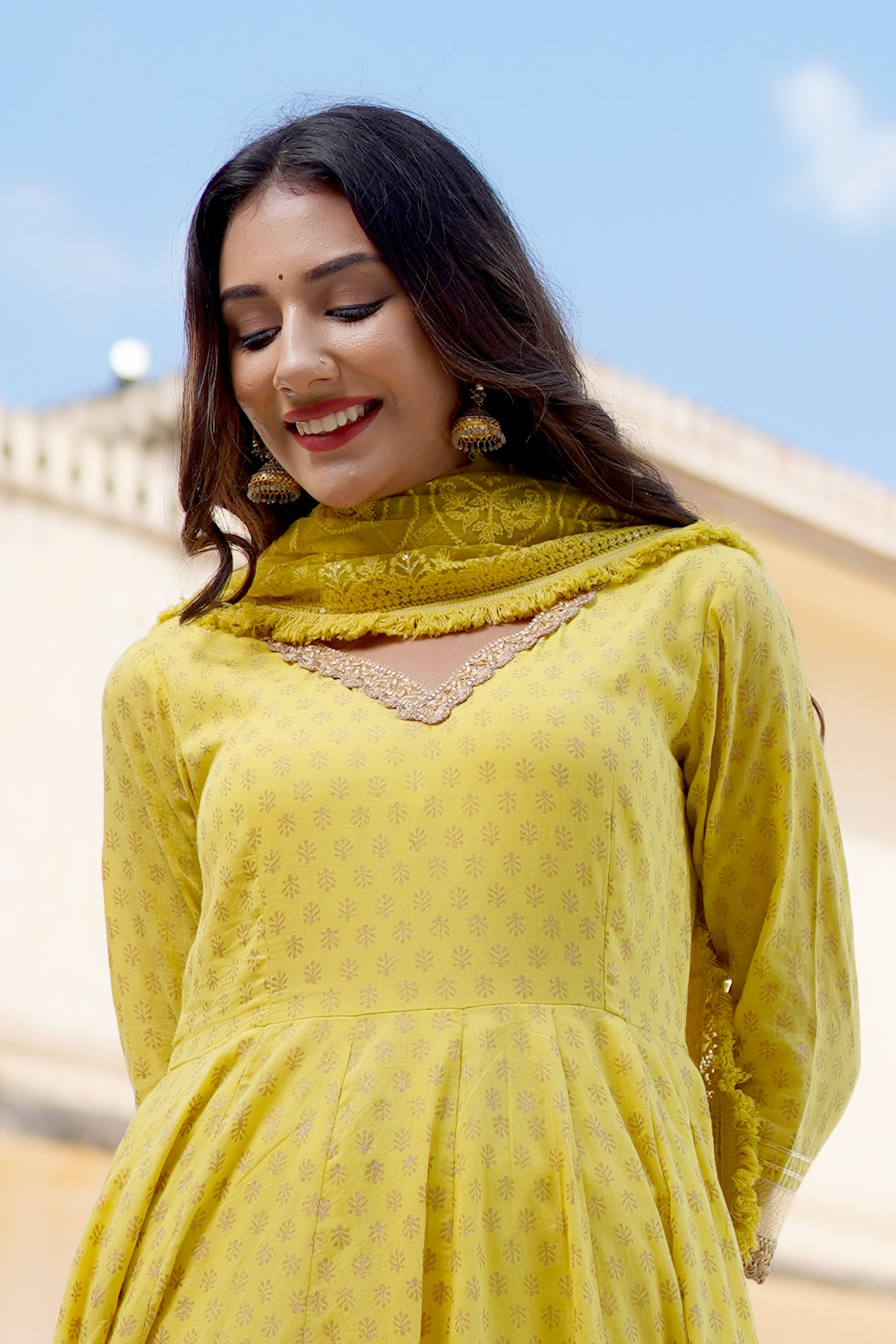 Women's Golden Yellow Flared Anarkali Suit Set - Hatheli