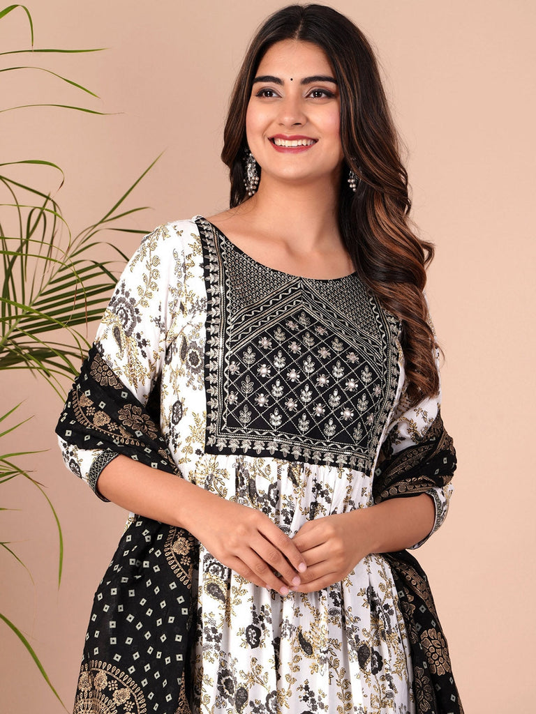 Women's Floral Printed Empire Thread Work Kurta With Palazzos & Dupatta