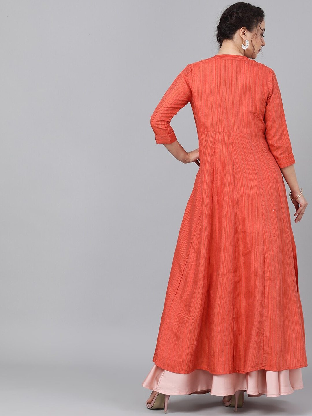 Couture Women's  Orange Self Design Open Front Longline Shrug - AKS