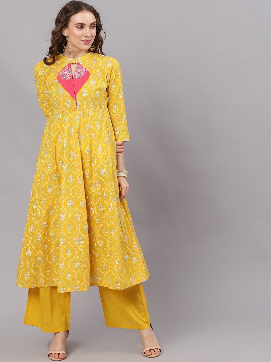 Women's  Yellow Printed Anarkali Kurta - AKS