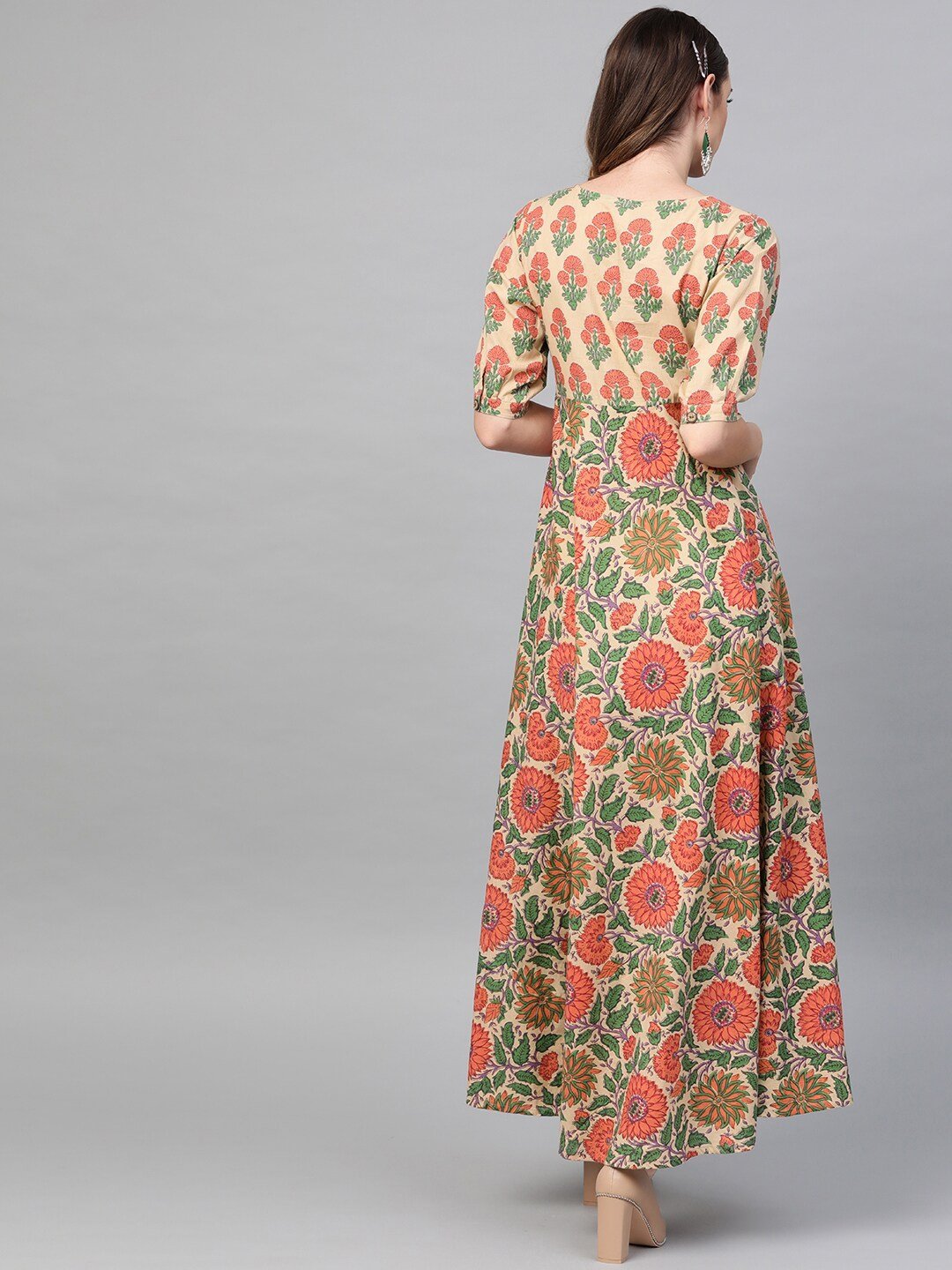 Women's  Beige & Orange Printed Maxi Dress - AKS
