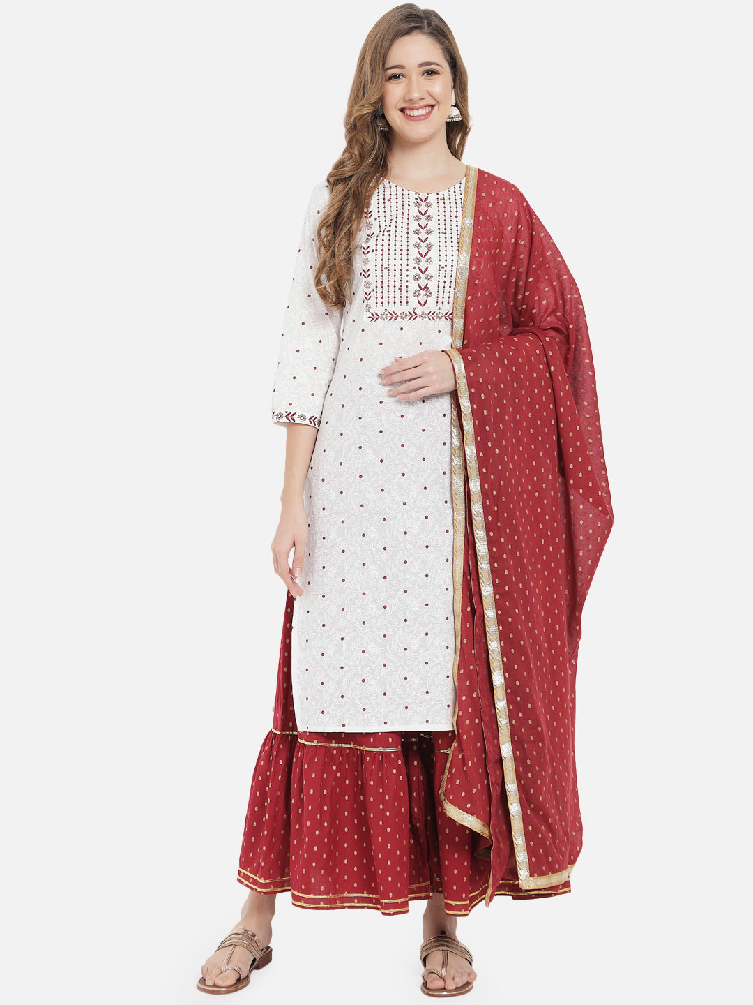 Women's White Printed Kurta Sharara set with Dupatta - Meeranshi