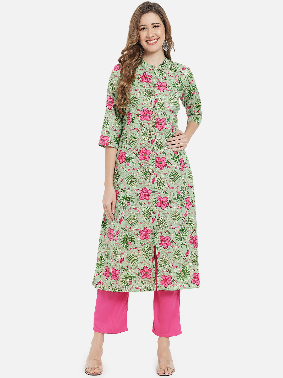 Women's Green & Pink Floral Printed Cotton Kurta - MEERANSHI