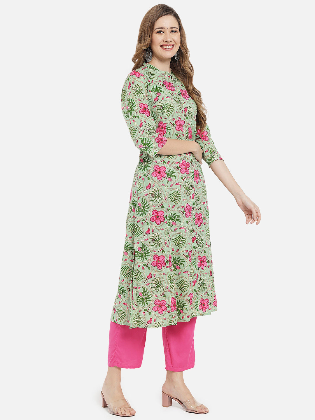 Women's Green & Pink Floral Printed Cotton Kurta - MEERANSHI