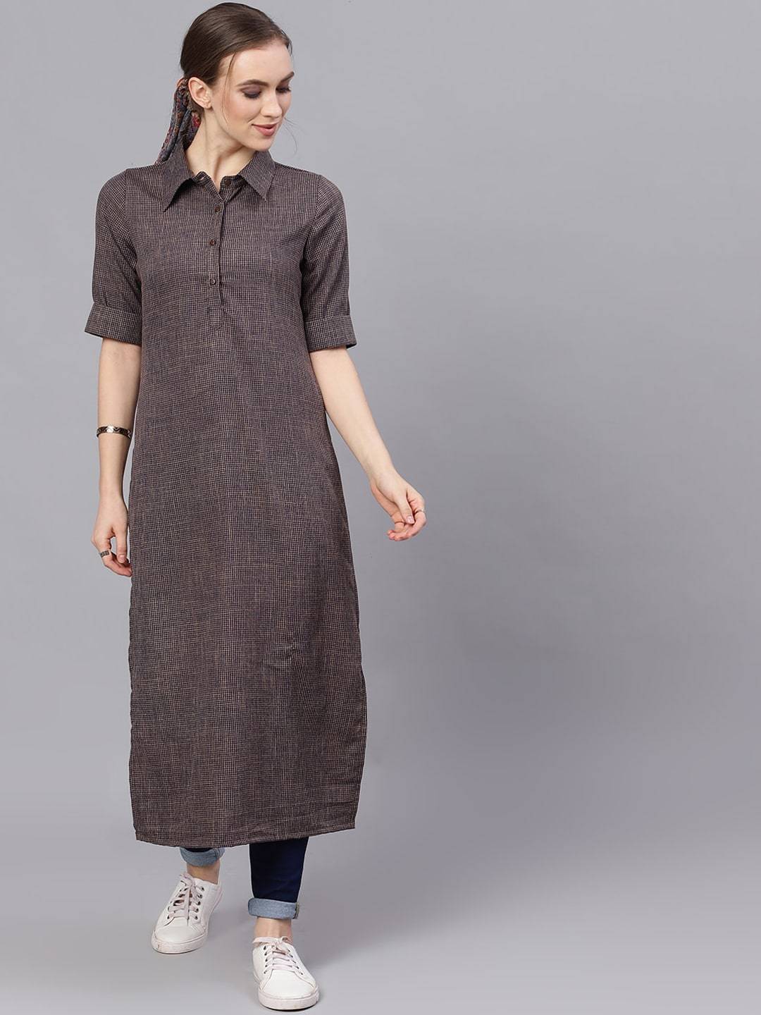 Women's  Blue & Grey Woven Design Pathani Kurta - AKS