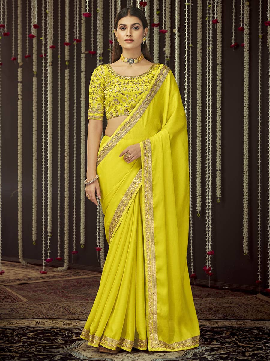 Women's Yellow Chinon Silk Heavy Embroidered Designer Saree - Myracouture