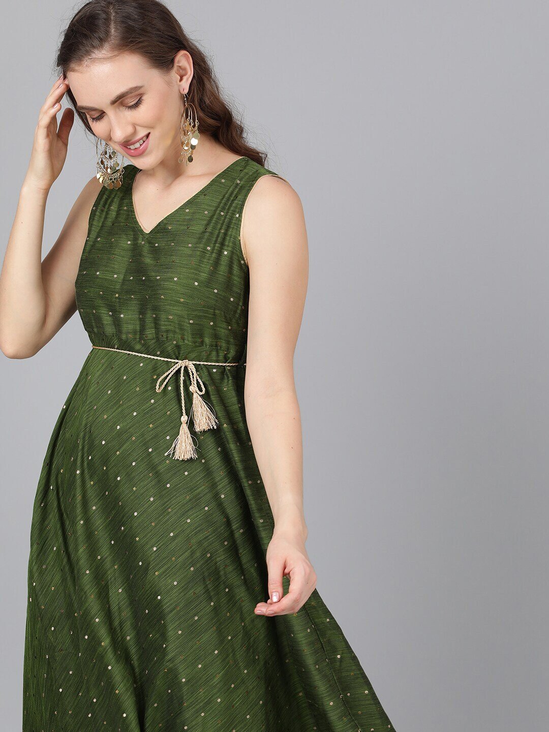 Women's  Green Self Design Empire Dress - AKS
