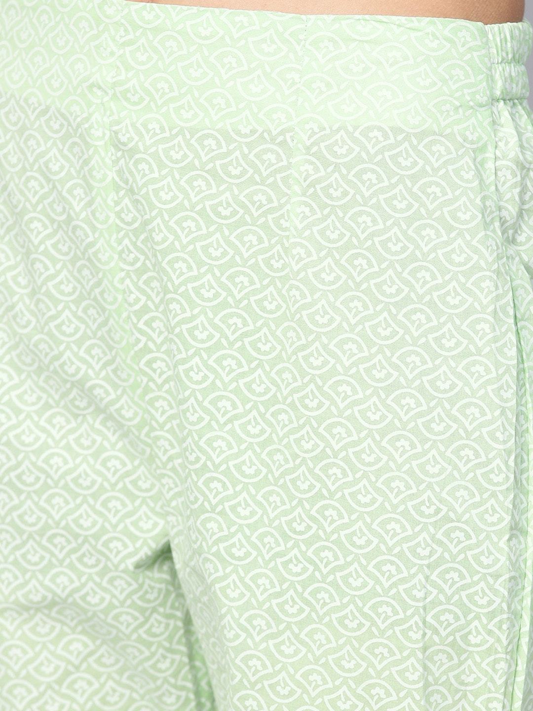 Women's  Green & White Printed A-Line Kurta - AKS