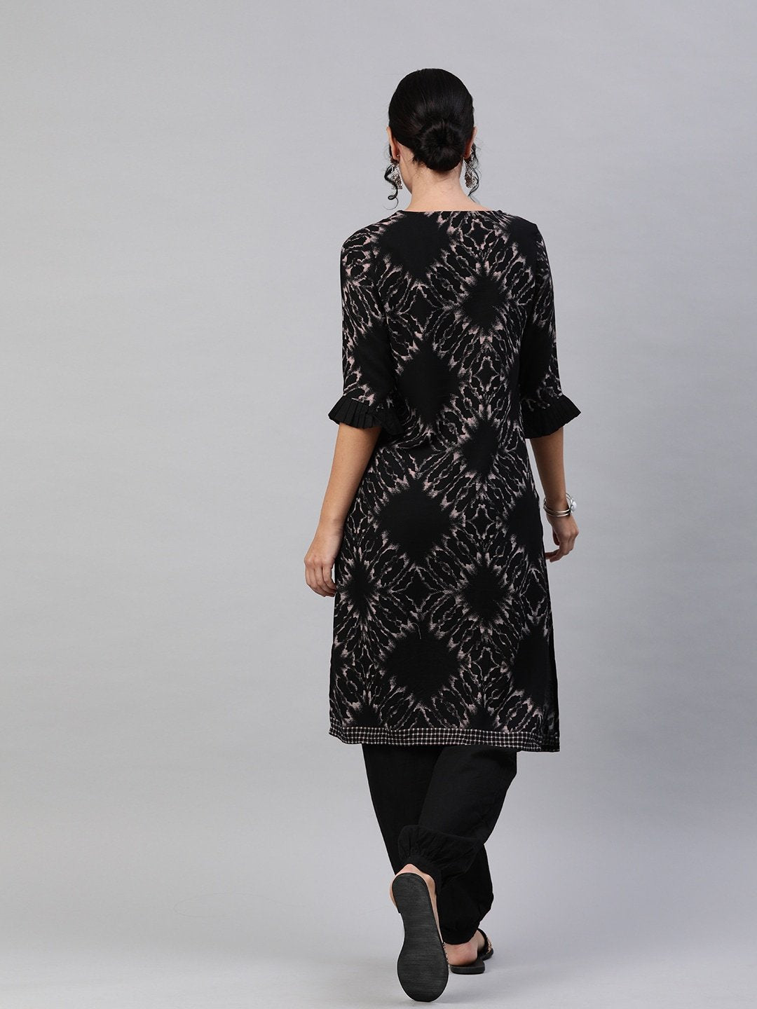 Women's  Black & Grey Discharge Printed Kurta with Salwar With Bell Sleeves - AKS