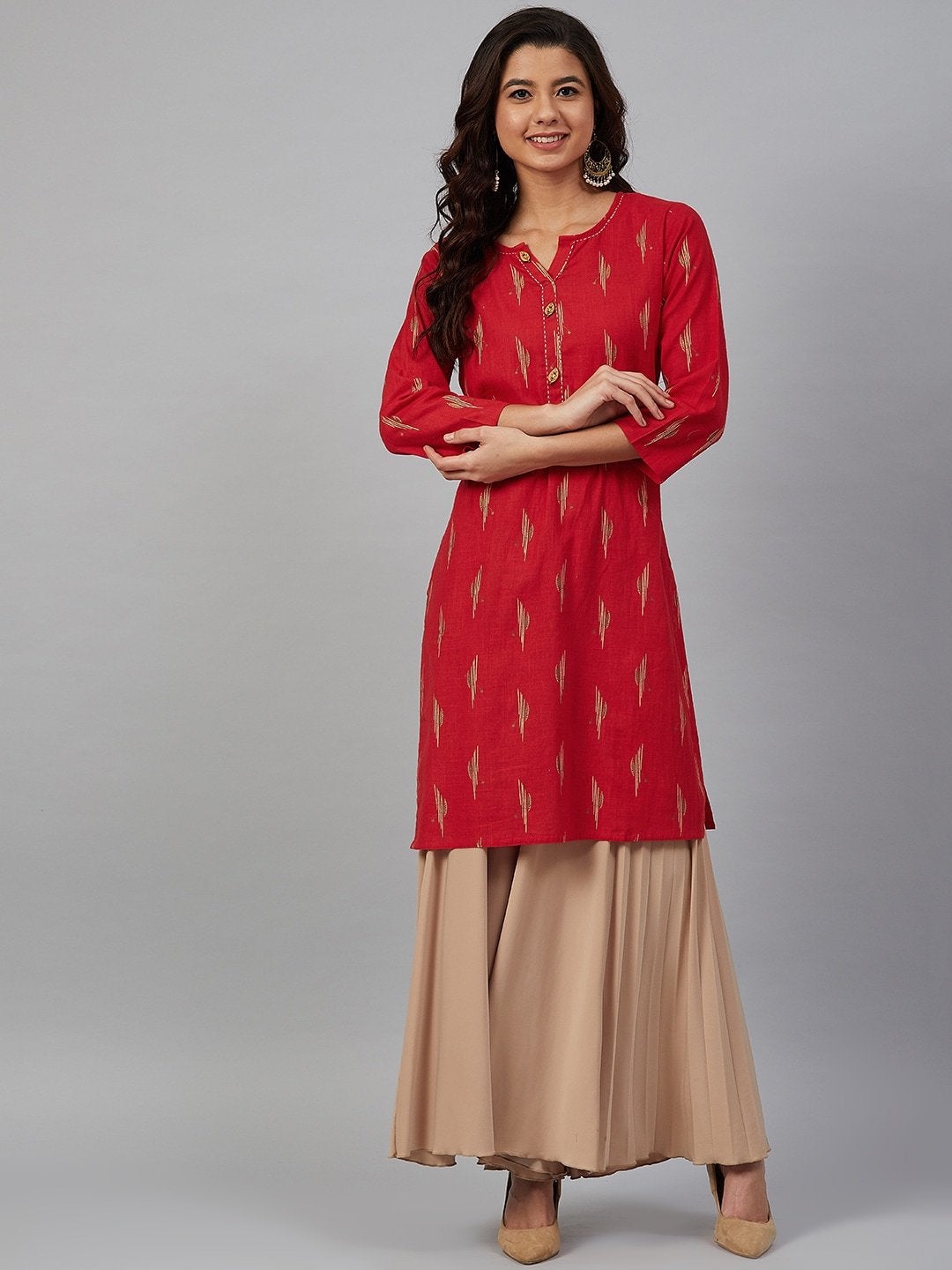 Women's Red & Beige Printed Straight Kurta - Meeranshi