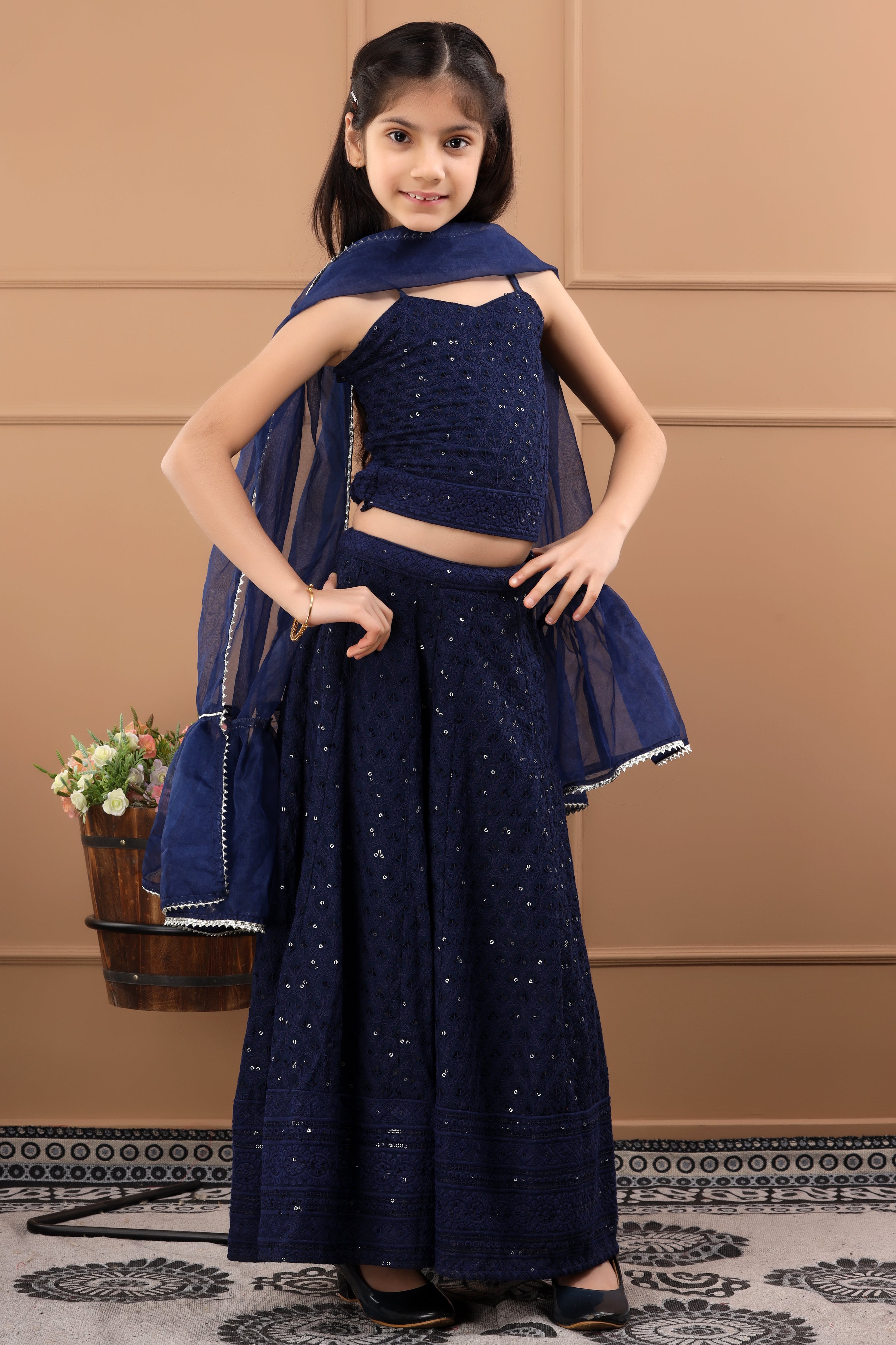 Girl's Embellished Blue Sequinned Palazzo Set - Hatheli Kids