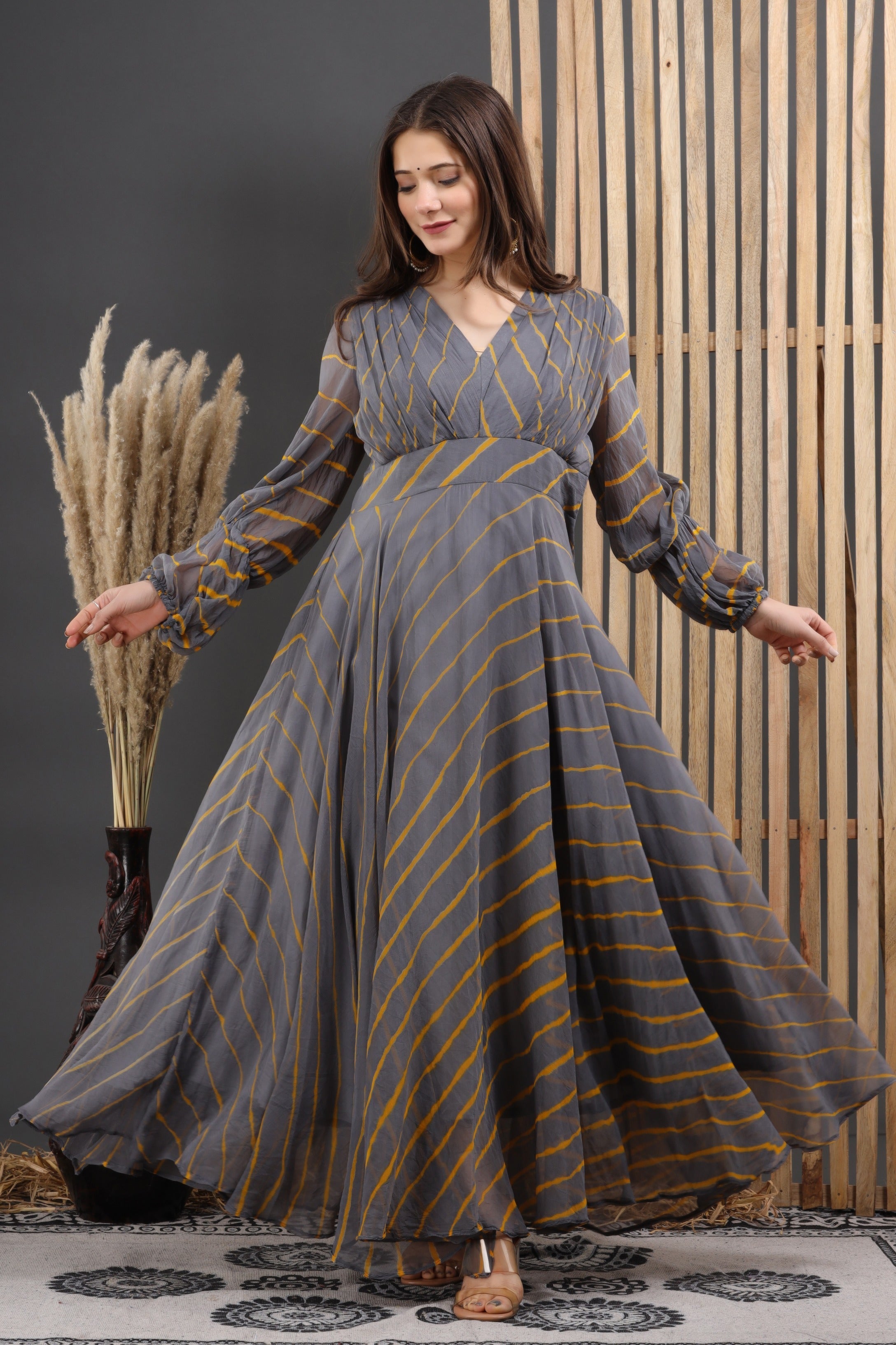 Women's Roshan Leheriya Chiffon Dress With Cotton Lining - Saras The Label