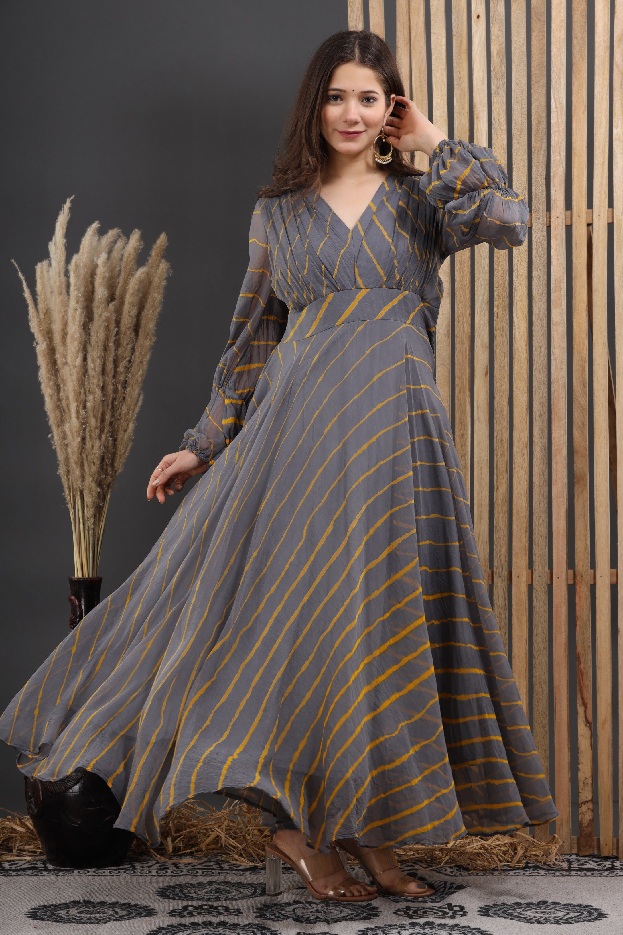 Women's Roshan Leheriya Chiffon Dress With Cotton Lining - Saras The Label