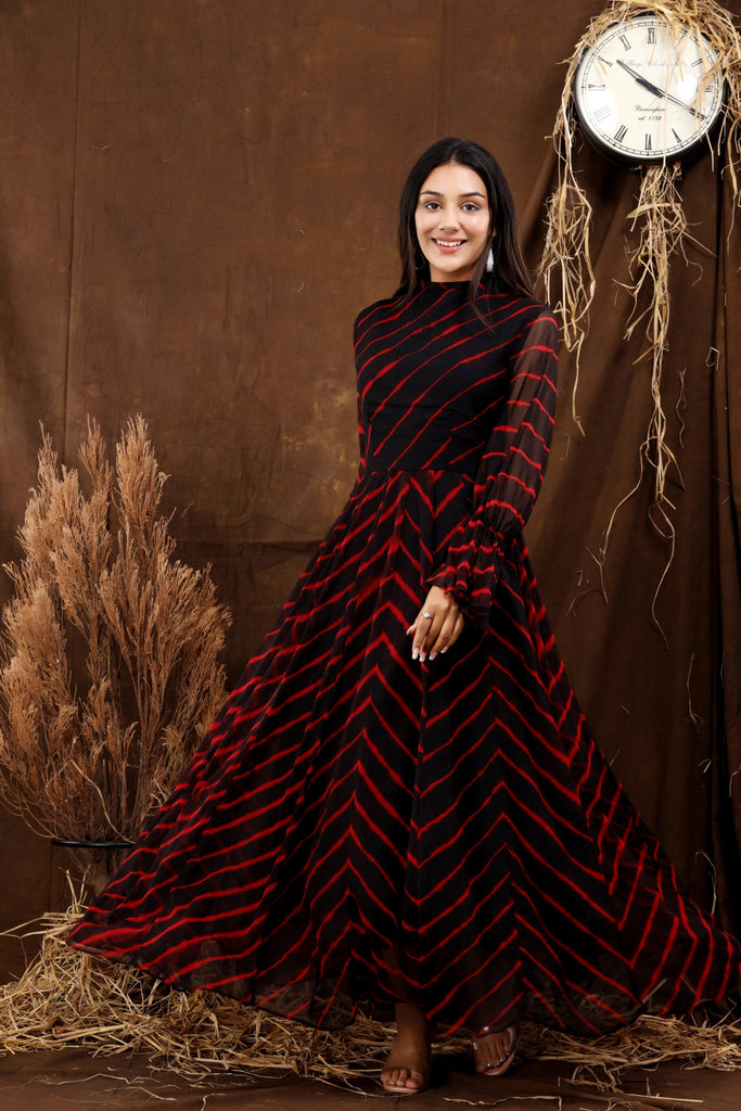 Women's Black Neh Leheriya Chiffon Dress With Cotton Lining