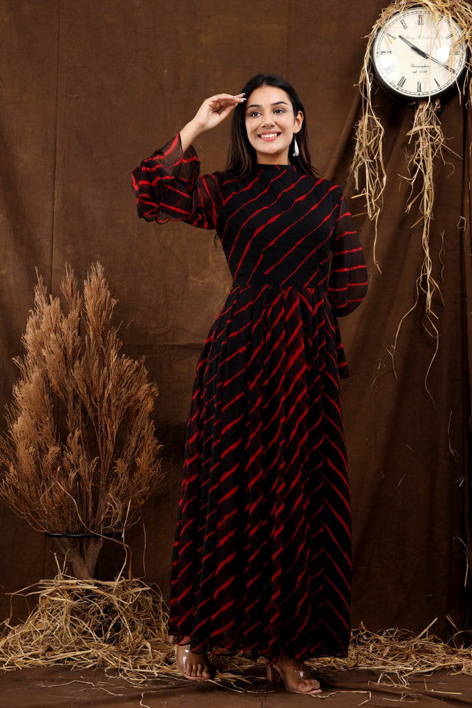 Women's Black Neh Leheriya Chiffon Dress With Cotton Lining
