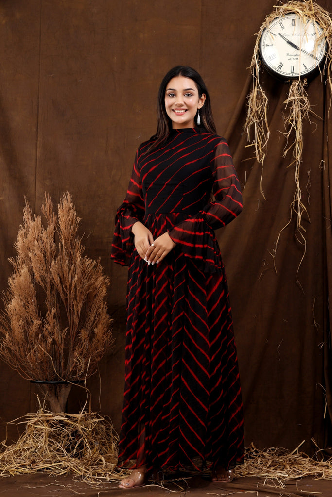 Women's Black Neh Leheriya Chiffon Dress With Cotton Lining
