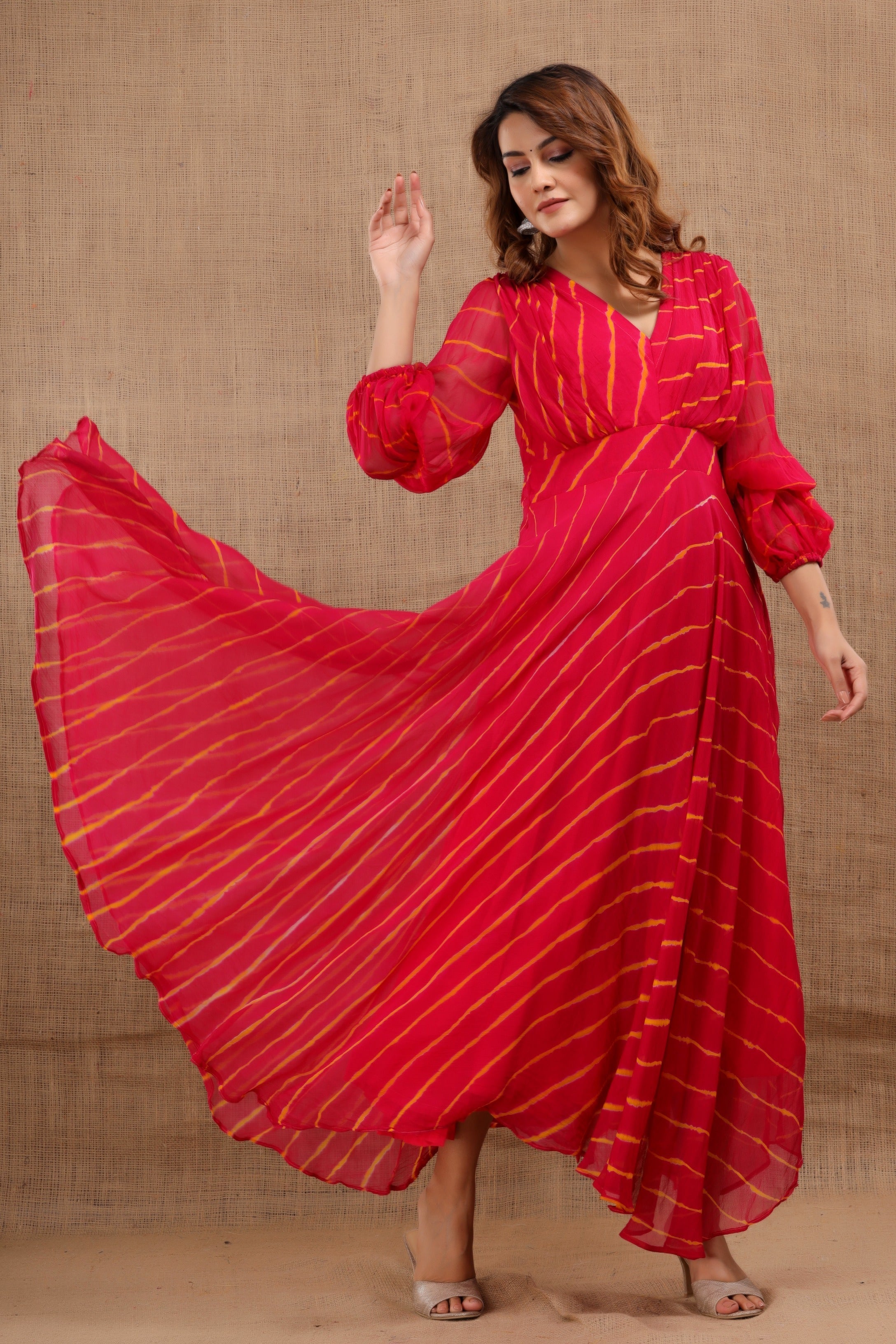 Women's Laado Leheriya Red Dress With Cotton Lining - Saras The Label