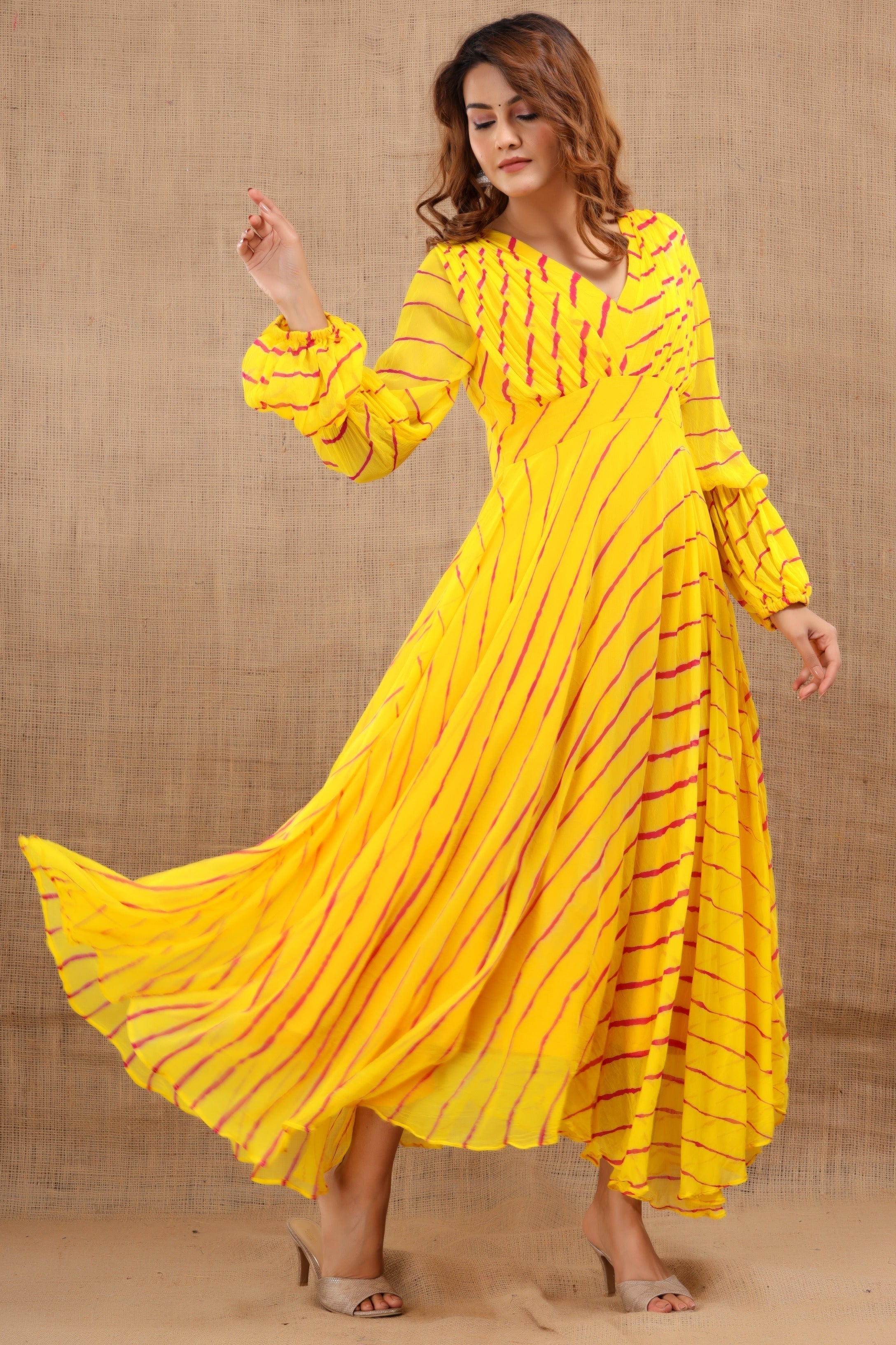Women's Balika Leheriya Yellow Dress With Cotton Lining - Saras The Label