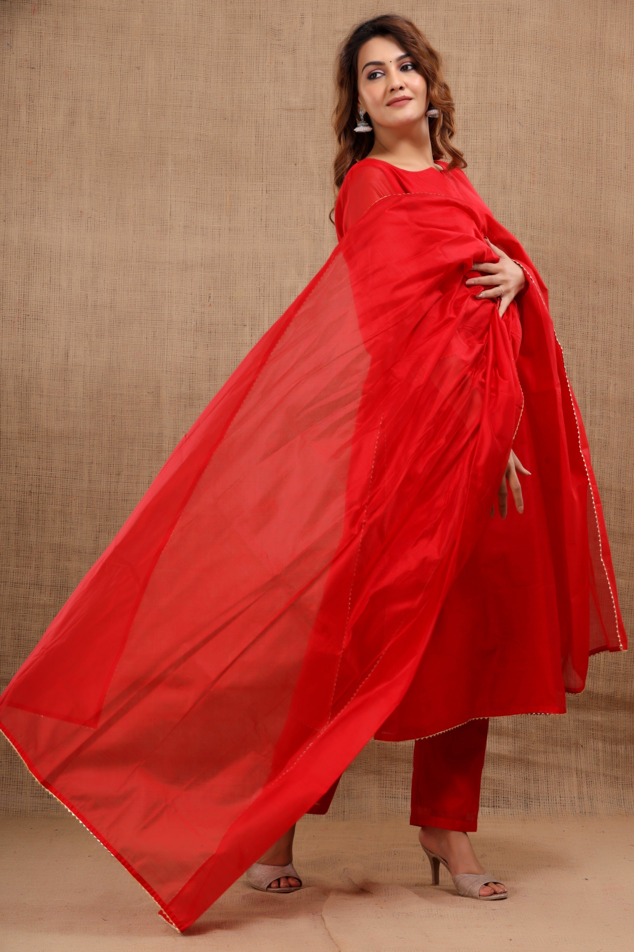Women's Niharika Chanderi Red Suit Dupatta Set - Saras The Label