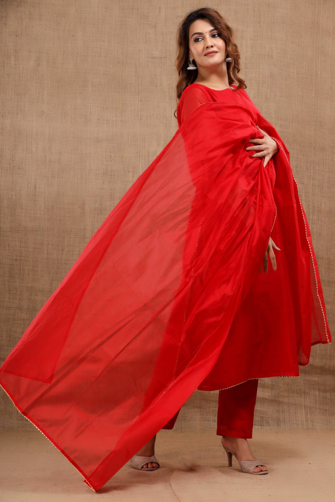 Women's Niharika Chanderi Red Suit Dupatta Set