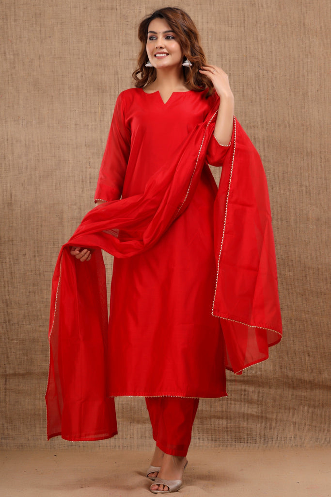 Women's Niharika Chanderi Red Suit Dupatta Set