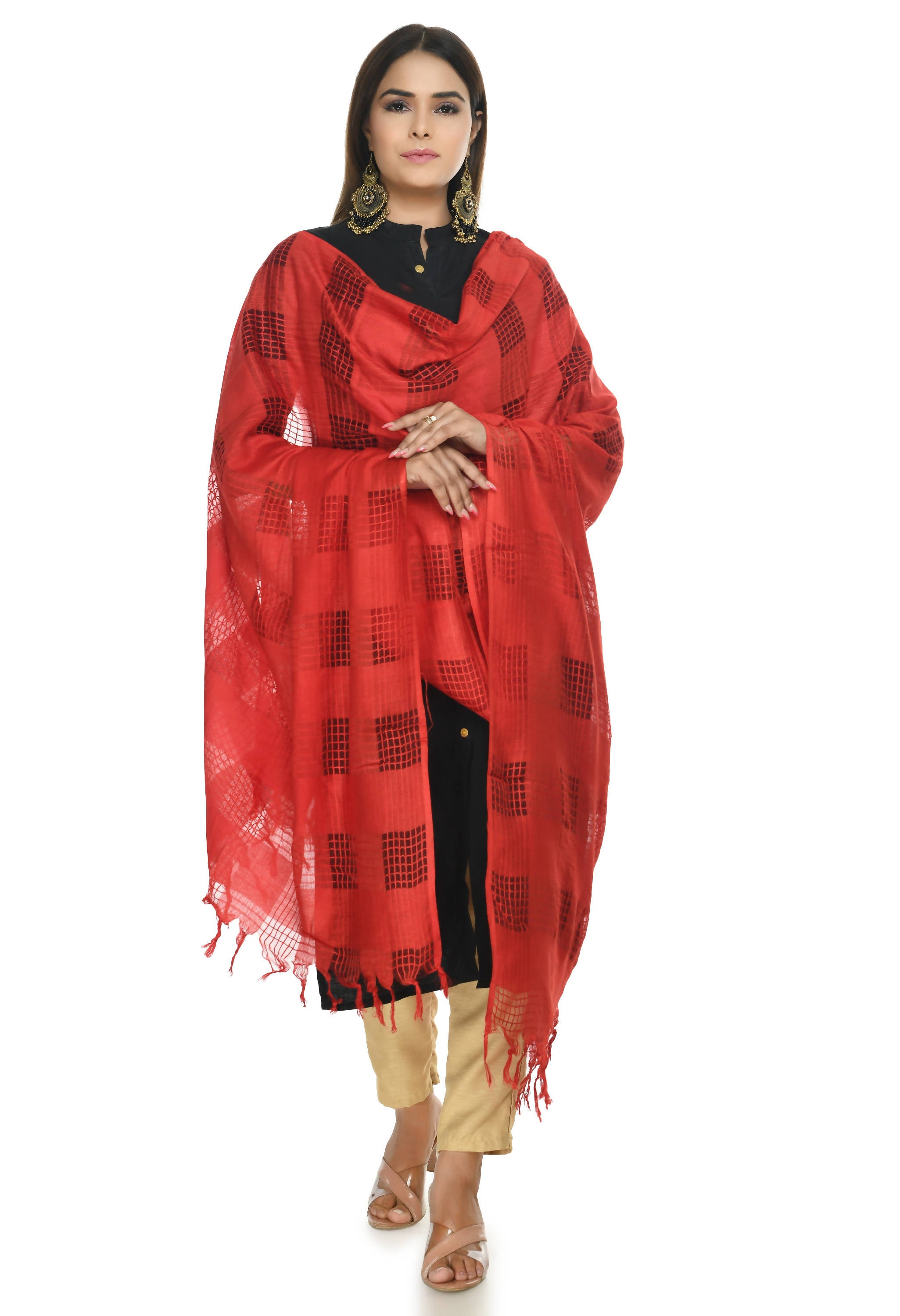 Women's Red Colour Window Design Cotton Dupatta Mfd0014 - Moeza