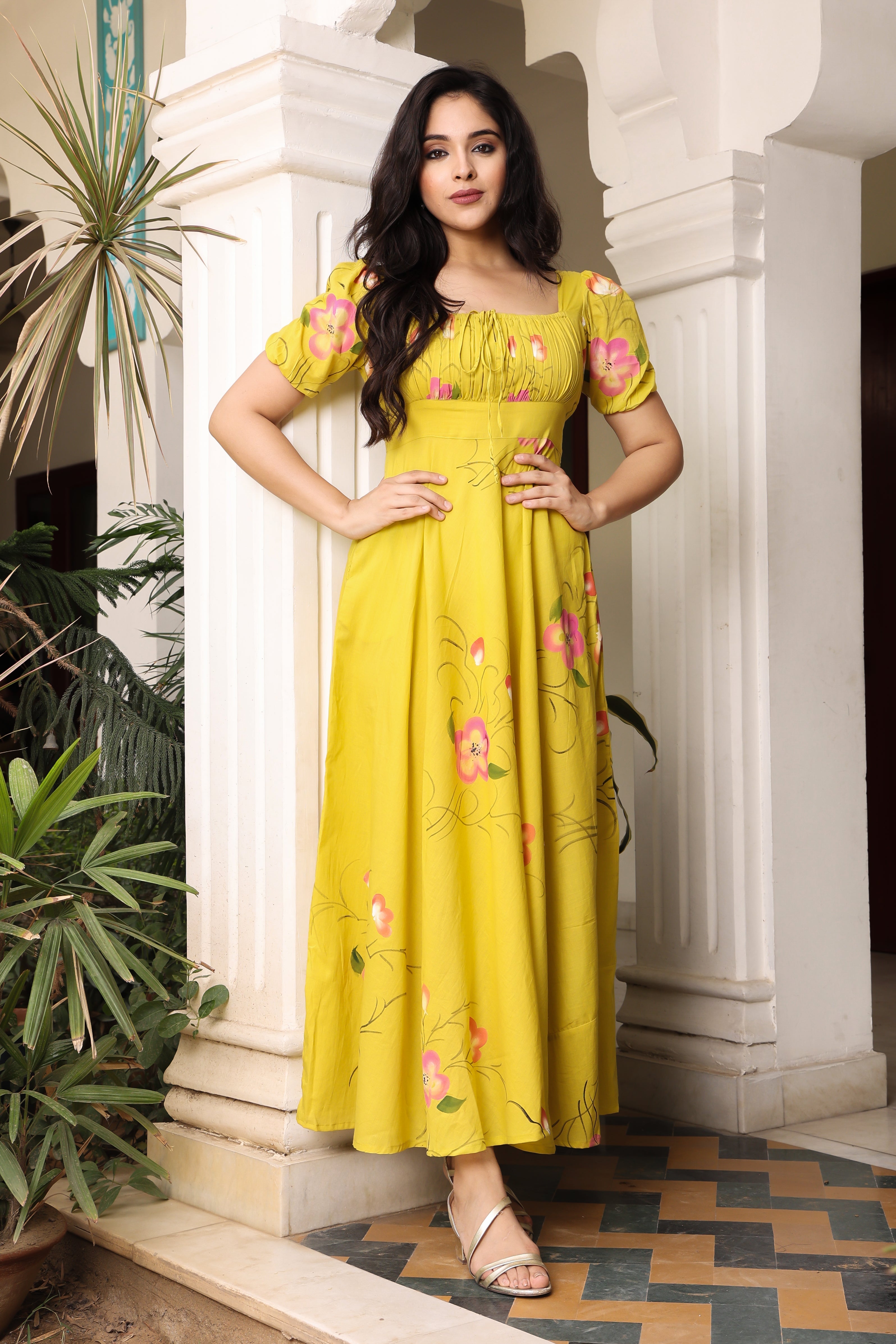 Women's Sunshine Yellow Hand Painted Flared Cotton Dress - Hatheli