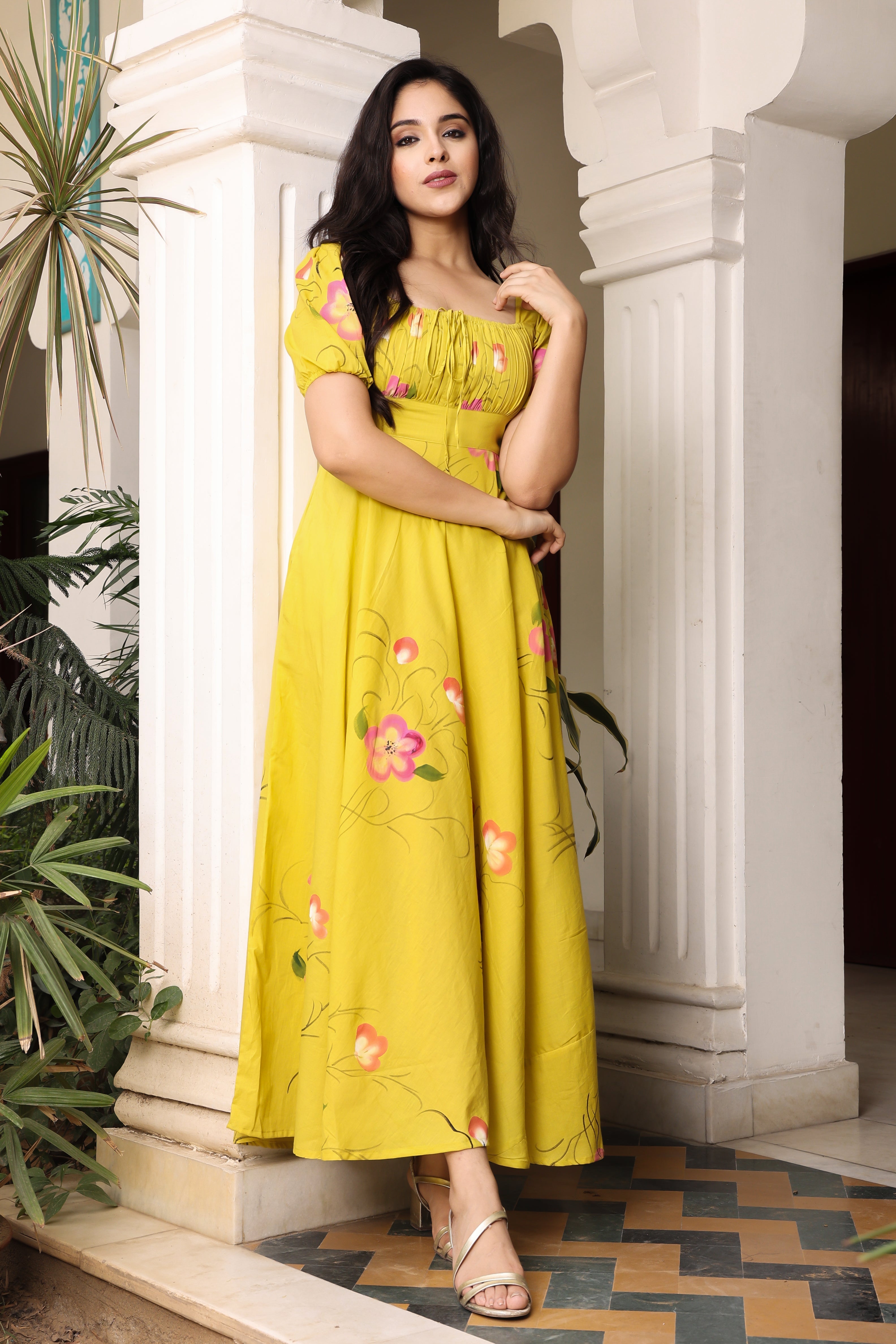 Women's Sunshine Yellow Hand Painted Flared Cotton Dress - Hatheli