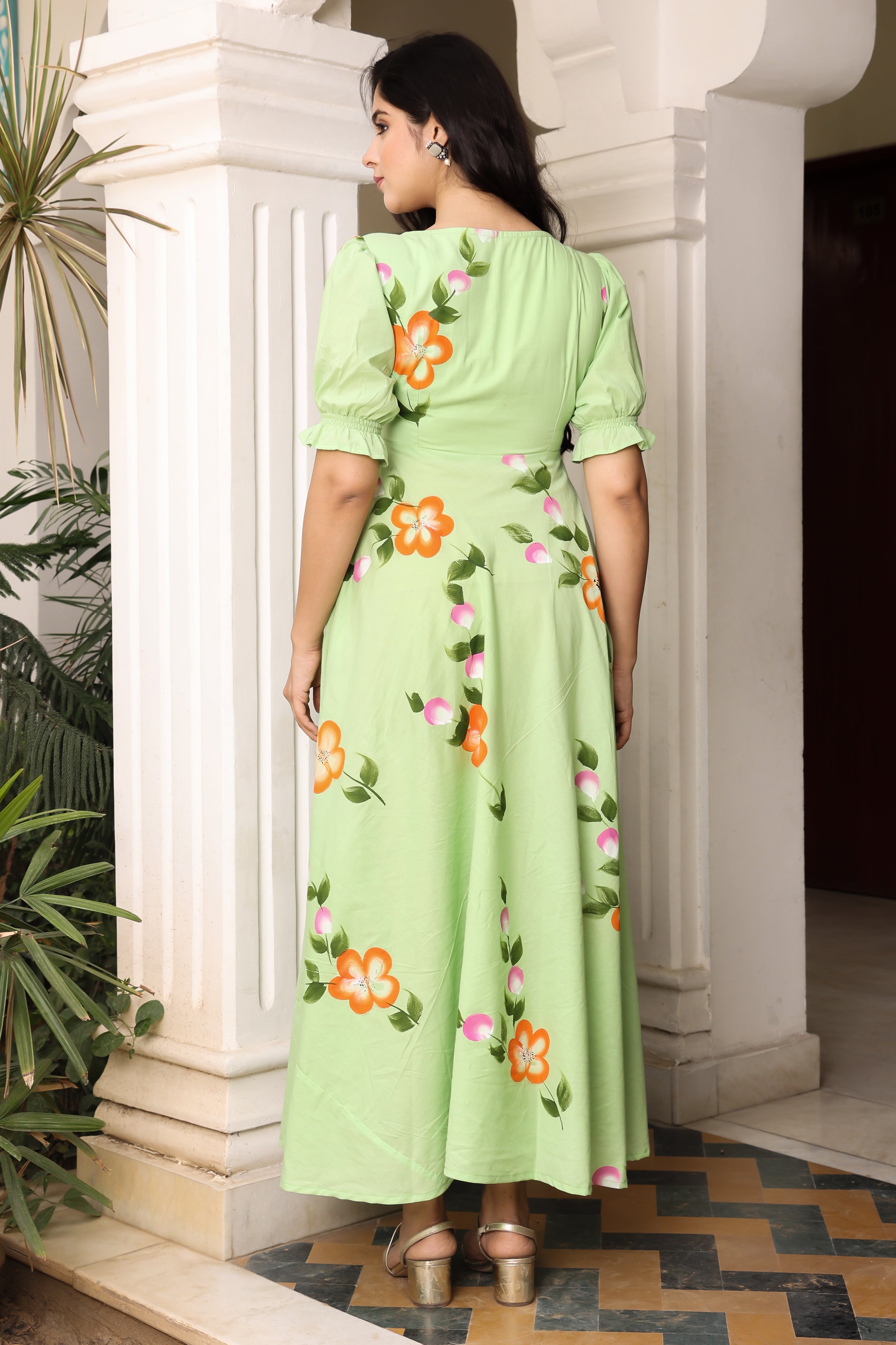 Women's Mint Green Hand Painted Flared Cotton Dress - Hatheli