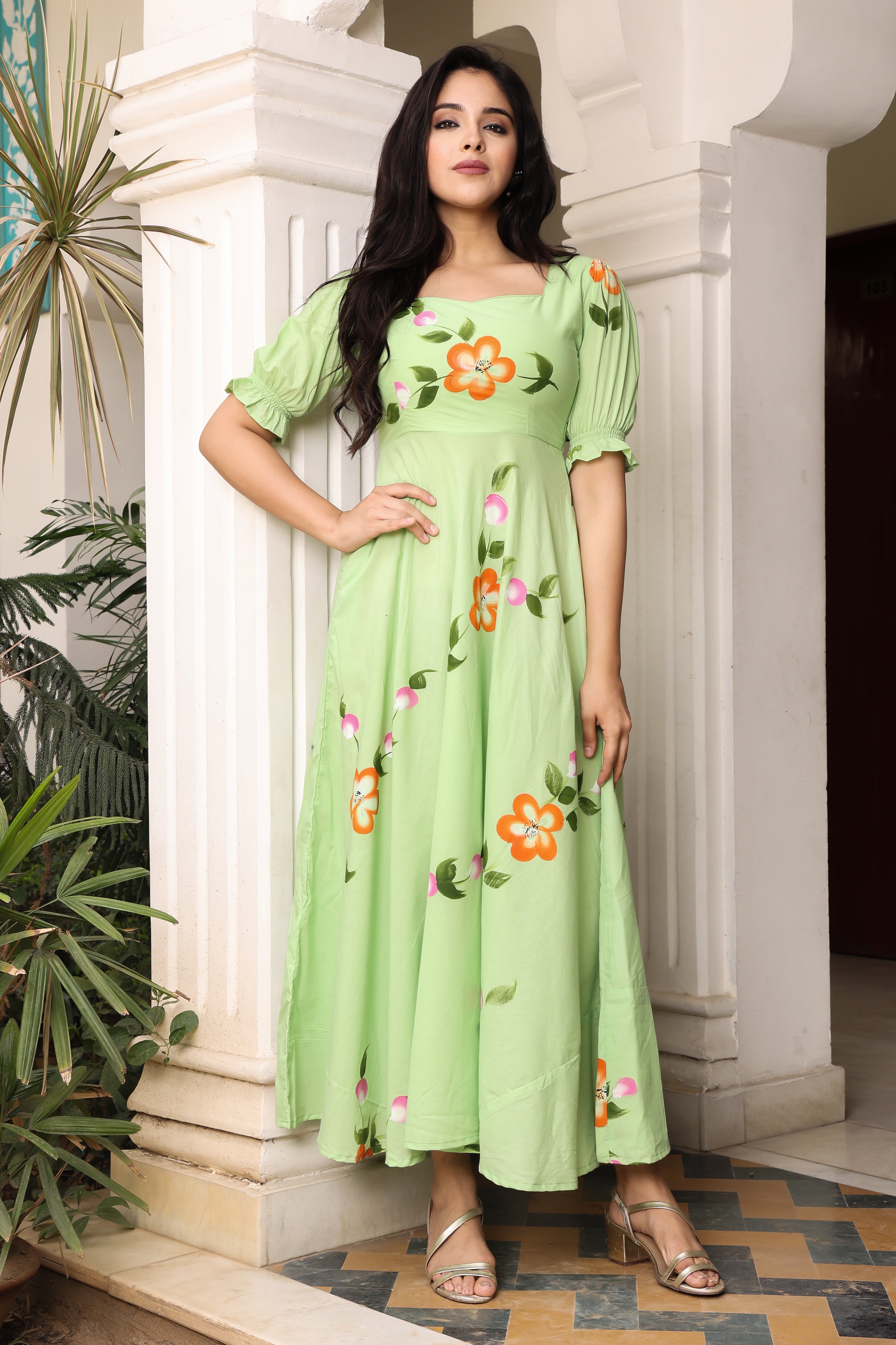 Women's Mint Green Hand Painted Flared Cotton Dress - Hatheli