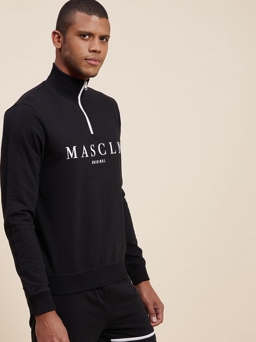 Men's Black High Neck Half Zipper MASCLN Sweatshirt - LYUSH-MASCLN