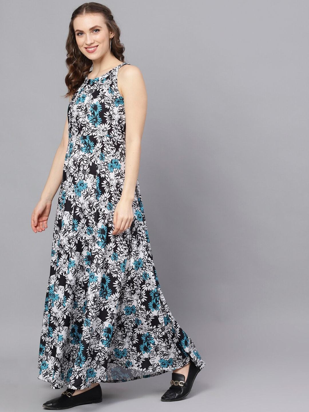 Women's  Blue Printed Maxi Dress - AKS
