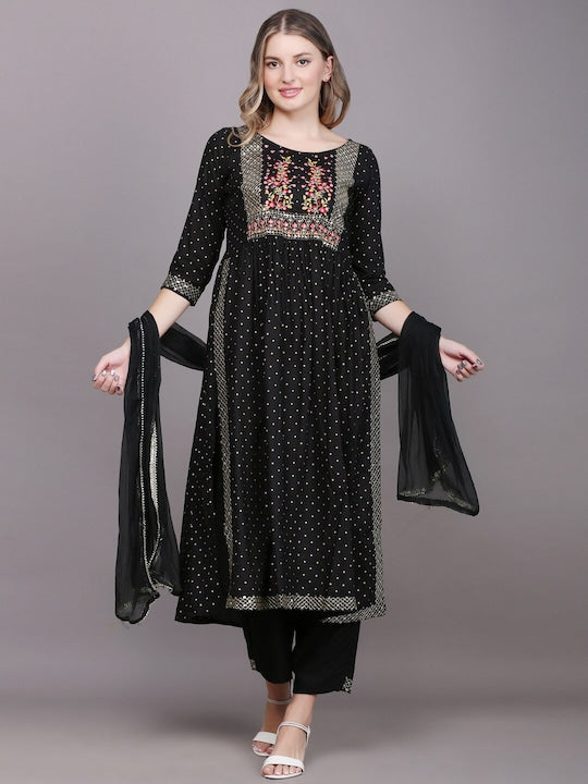 Women's Black Floral Yoke Design Thread Work Kurta With Palazzos & With Dupatta
