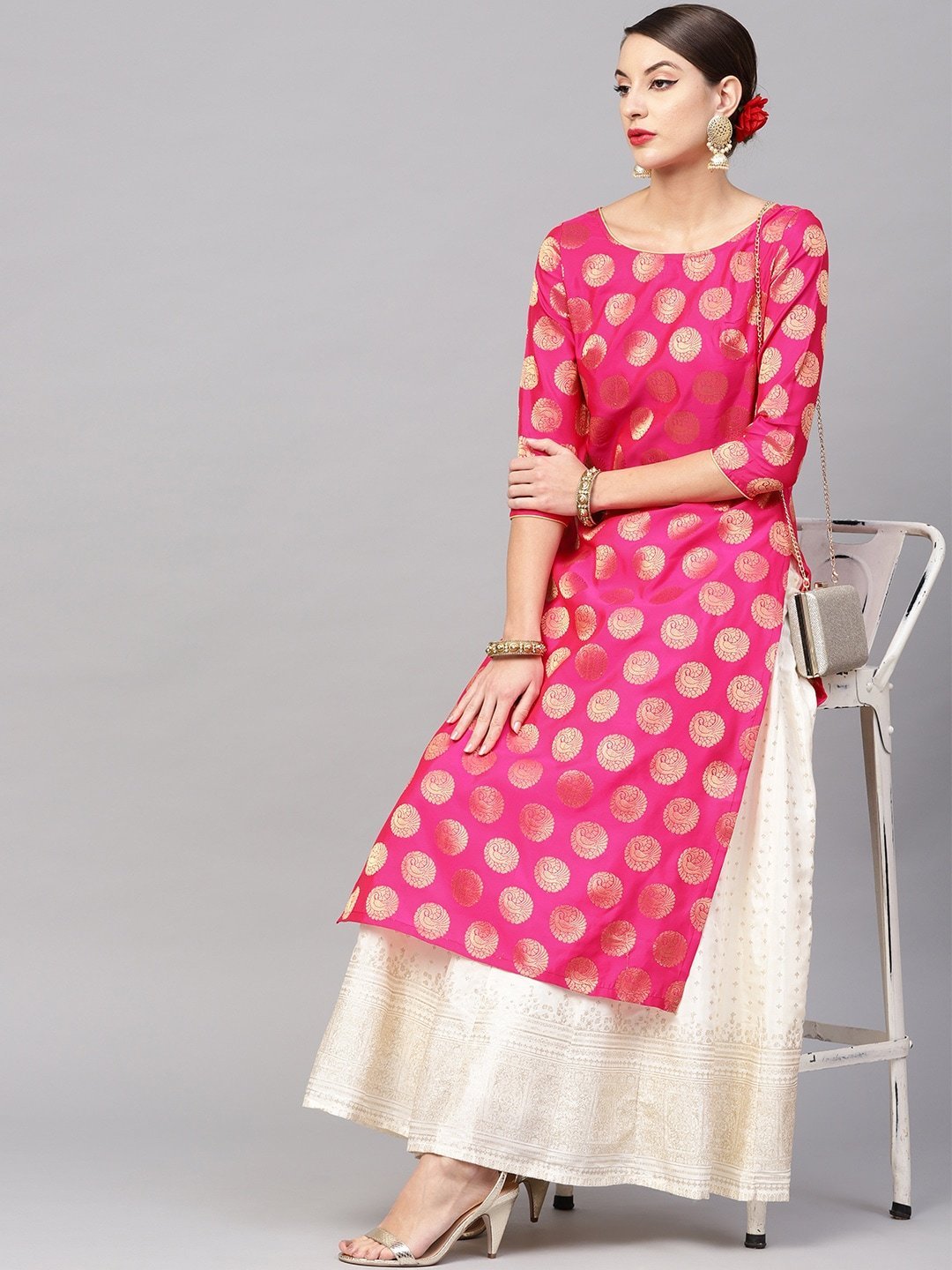 Women's  Pink & Golden Woven Design Straight Kurta - AKS