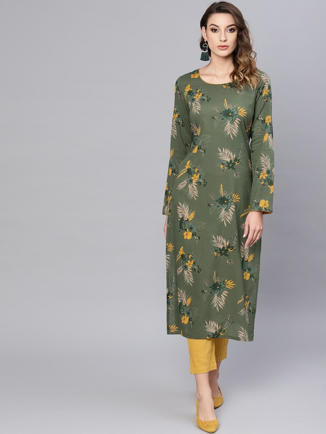 Women's  Olive Green & Mustard Yellow Floral Printed Straight Kurta - AKS