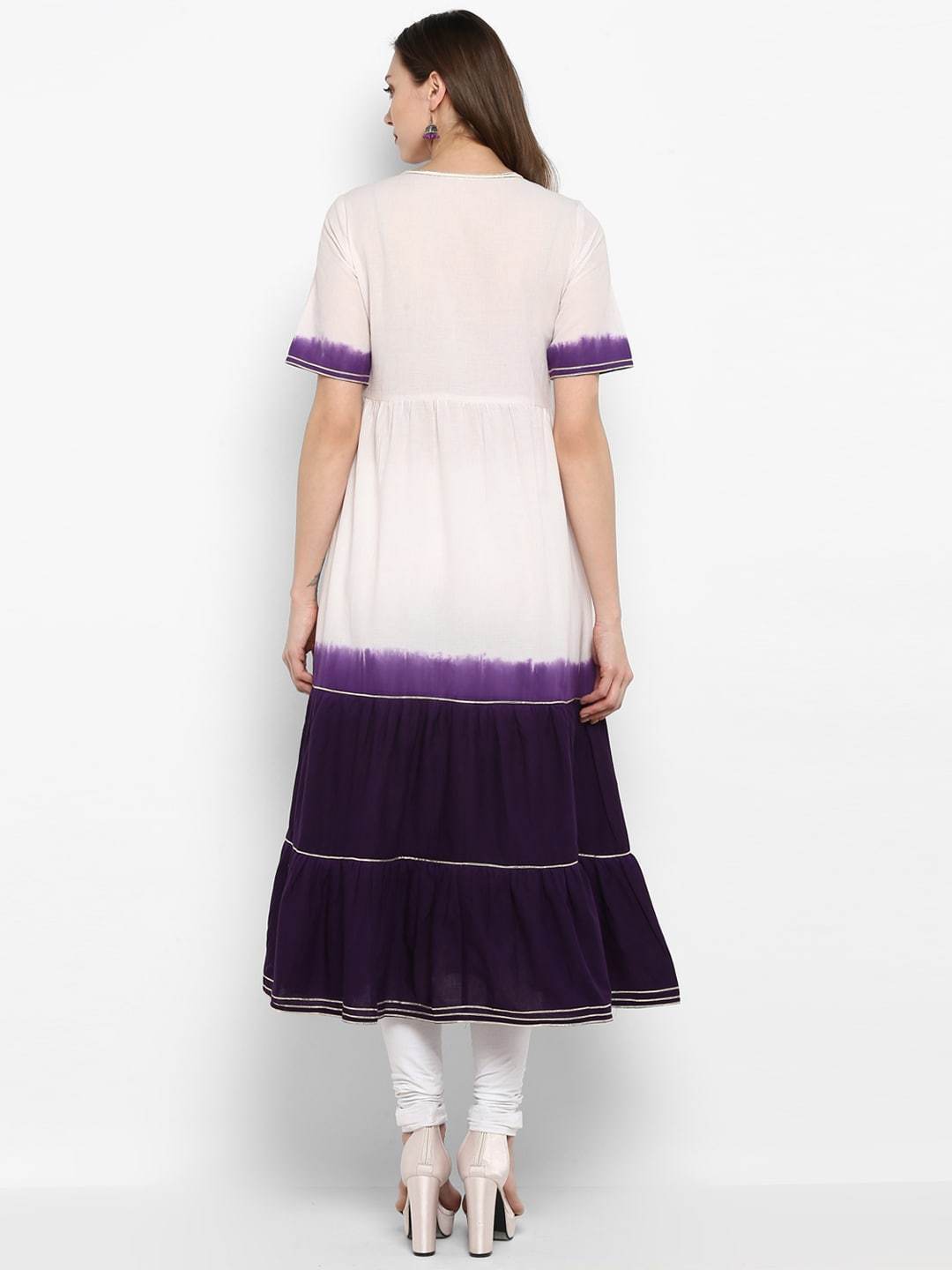 Women's White & Purple Colourblocked Tiered A-Line Kurta - Meeranshi