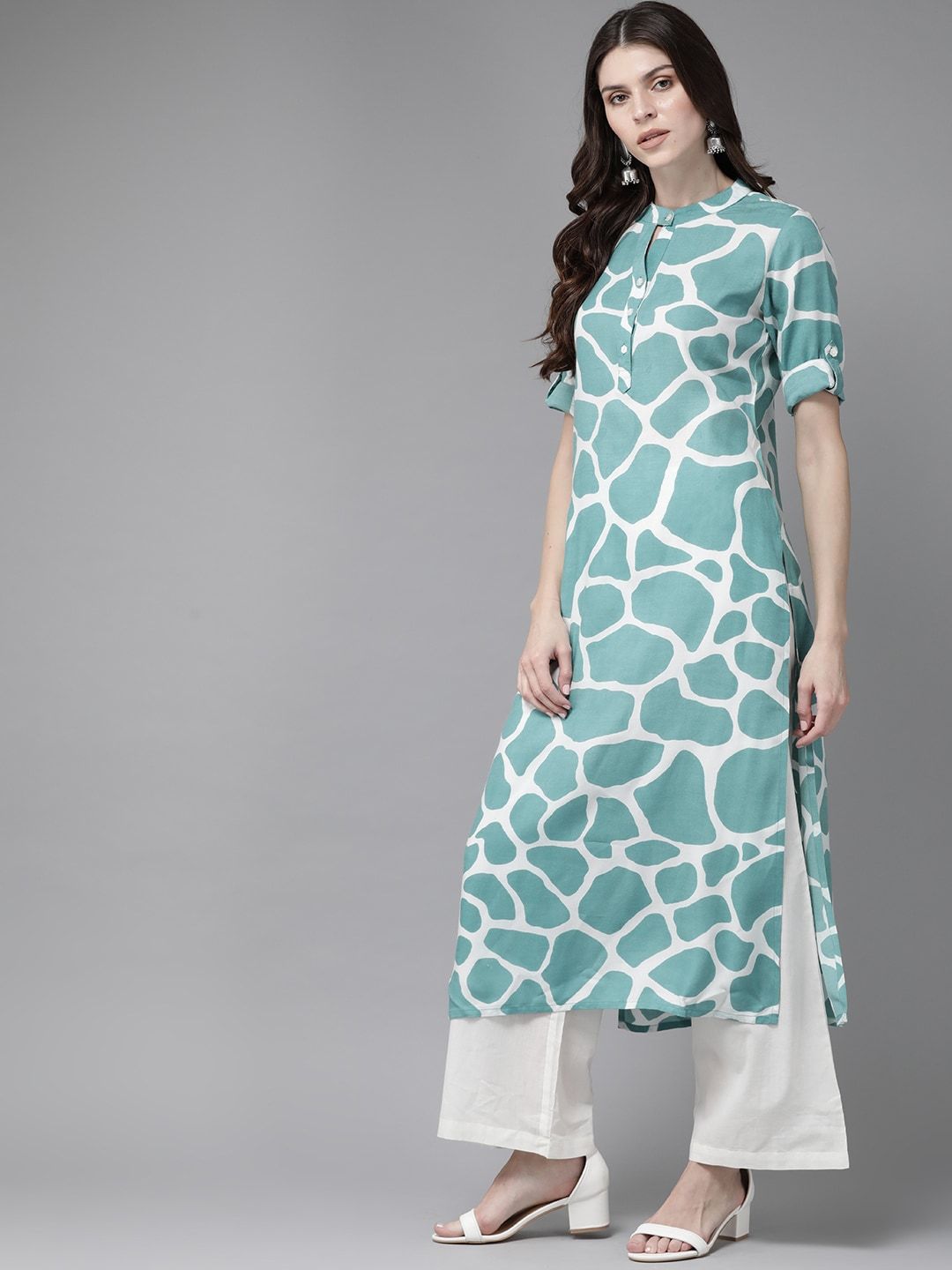 Women's  Blue & White Giraffe Print Straight Kurta - AKS